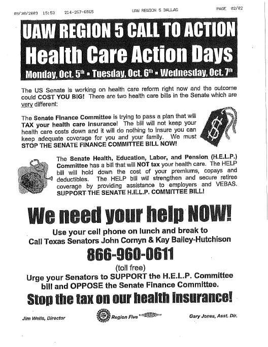 leaflet from UAW Region 5 on Health Care Reform